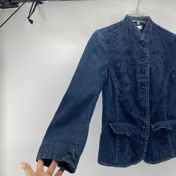Coldwater Creek Denim Embroidered BOHO Jacket Nehru Collar Cottage size 6 - Picture 5 of 8